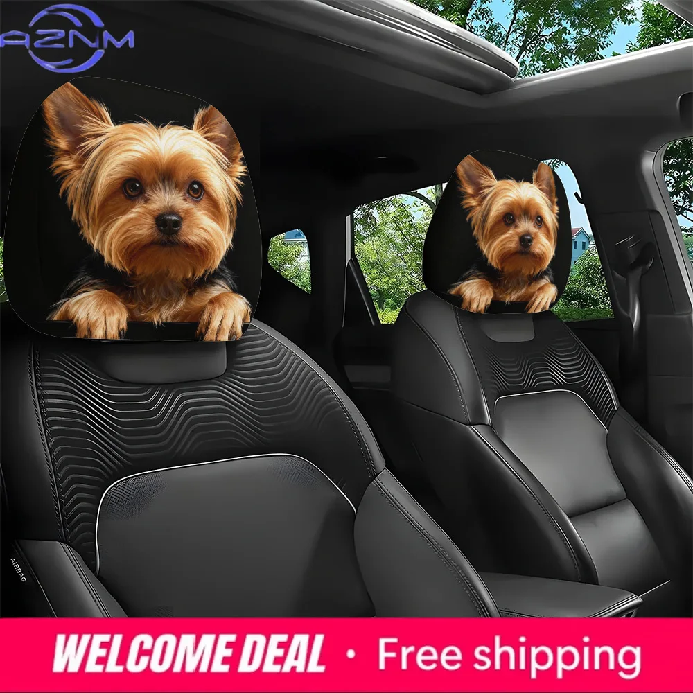 2pcs Yorkshire Terrier Print Headrest Covers Suitable for Self-Driving Trips Long-Distance Driving Daily Commuting
