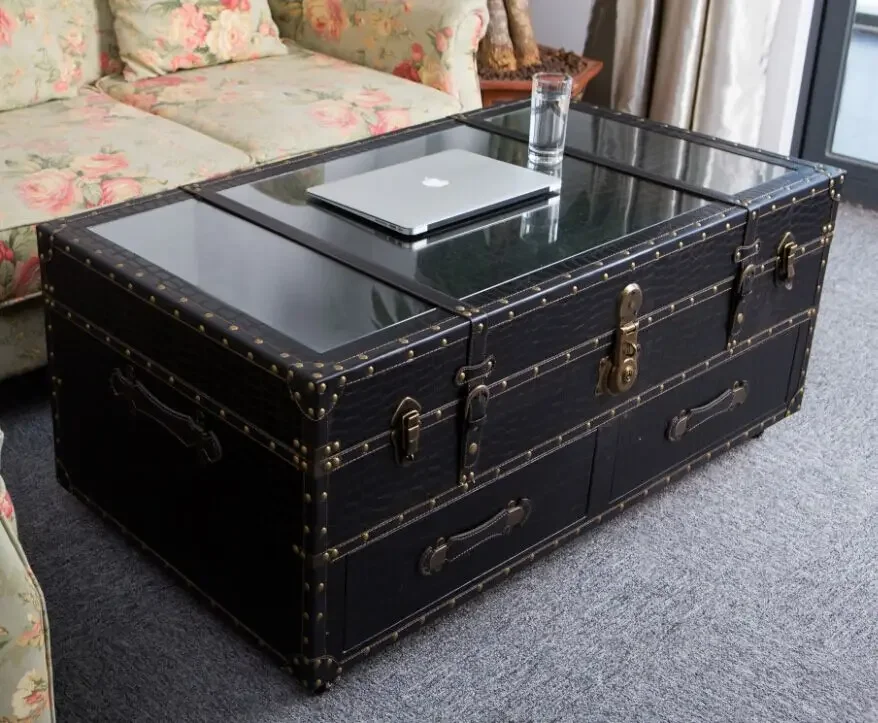 Simple alligator leather black coffee table, living room storage tempered glass coffee table