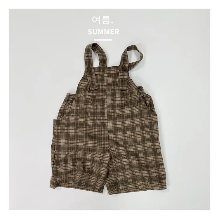 Korean Children Overalls Retro Checkered Workwear Shorts for Children Summer Overalls Trend 2026 Summer New