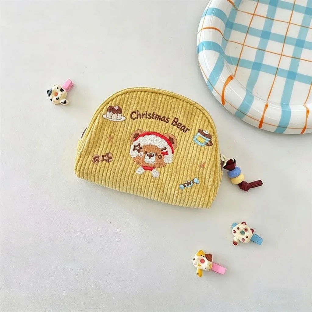 Checkered Corduroy Pouch Checkered Zipper Storage Bag Card Pouch Macaron Color Matching Embroidered Cosmetic Bag For Bank Card