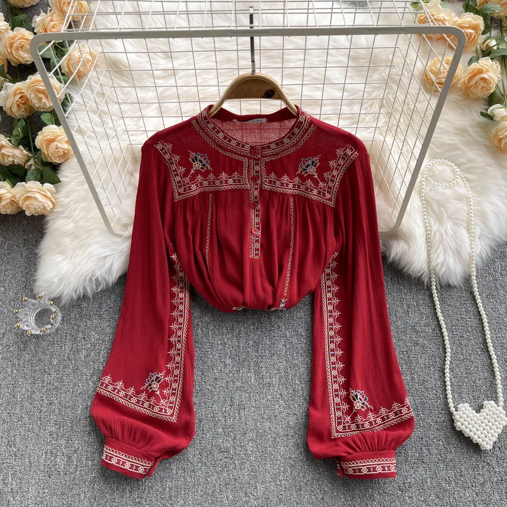 

Ele Heavy Embroidery Stand Collar Loose Chiffon Women's irt Design Sense High-End Feelings Personali Collar Butt...
