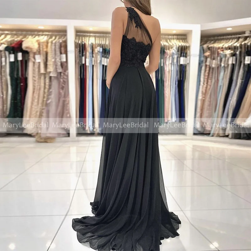 Front Slit Black Chiffon Bridesmaid Dresses with Appliques One Shoulder Summer Wedding Guest Dress Bride Maid Of Honor Gowns