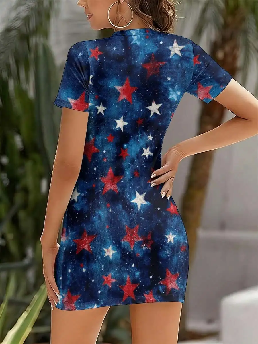

Women Short Sleeve Bodycon Dress With Patriotic Stars Print 3D Printed Casual Summer Outfit