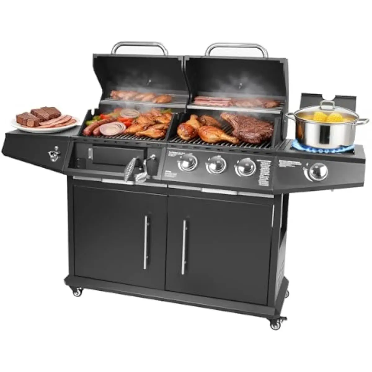 Triple-fuel outdoor cooking station with 30k BTU propane burners, 10k BTU side burner, charcoal chamber with adjustable tray, 70