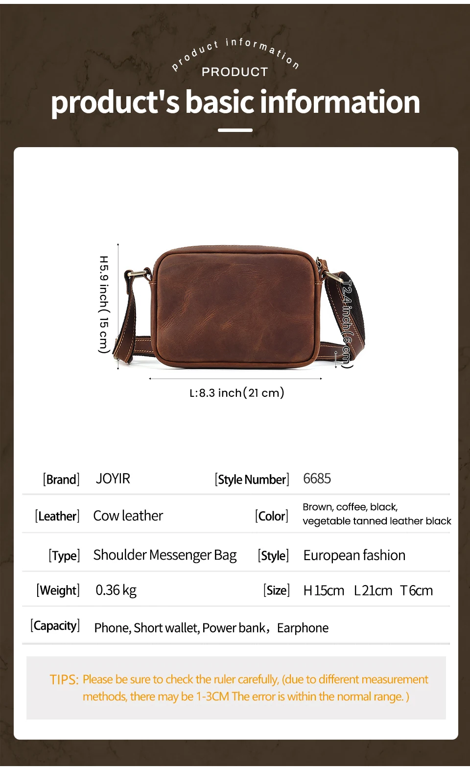 JOYIR Mini-Umhängetasche aus echtem Leder, Reise-Umhängetasche für Damen und Herren, Handy-Geldbörse, Reisetasche, Umhängetaschen – Detail 9