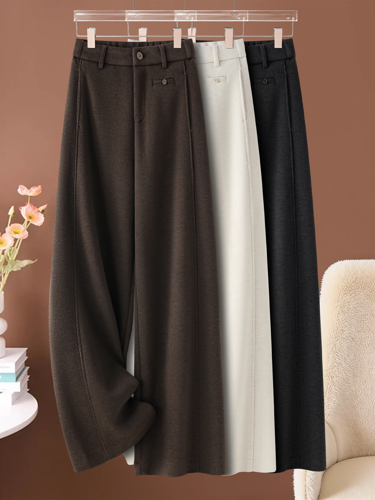 

Женские шерстяные брюки с высокой талией и широкими штанинами, повседневные, свободные, прямого кроя, комфортные, из мягкой смесовой ткани с полиэстером