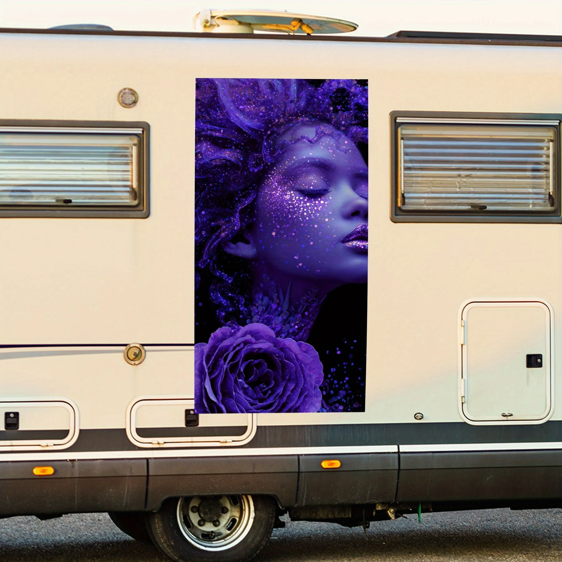 

Dreamy Purple Glowing Rose and Woman,Waterproof Vinyl Decal for RV Side, Self - Adhesive Stickers to Decorate & Protect RV Body,