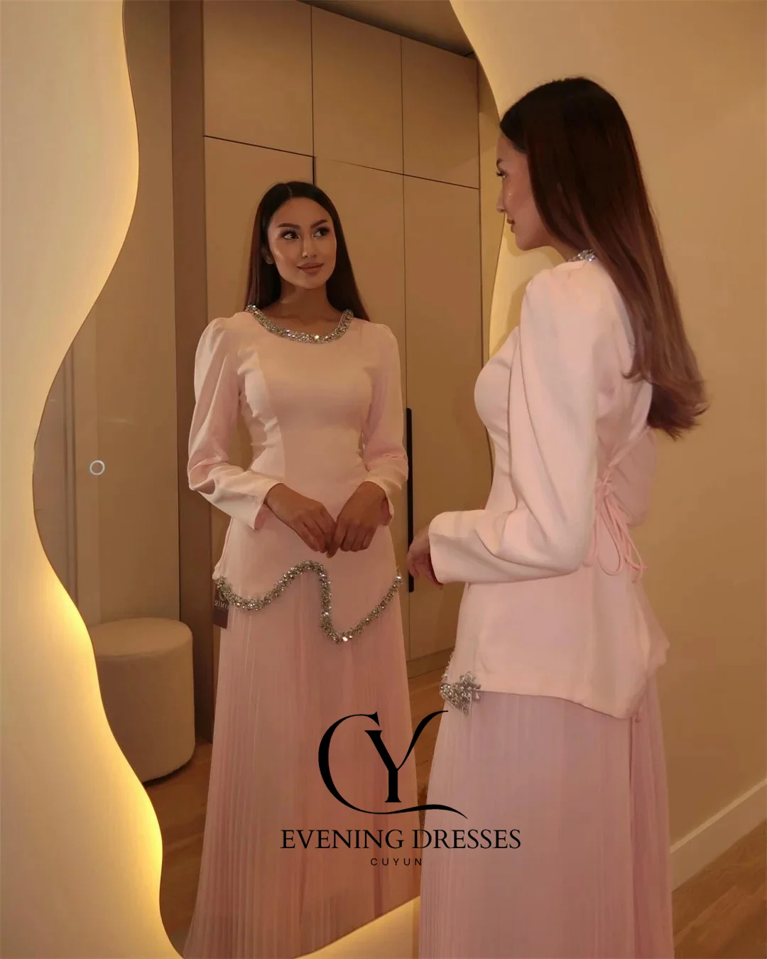 CUYUN-vestidos de fiesta personalizados para mujer, para ocasiones especiales, lujoso vestido de fiesta de manga larga, vestido elegante rosa con cuello redondo brillante