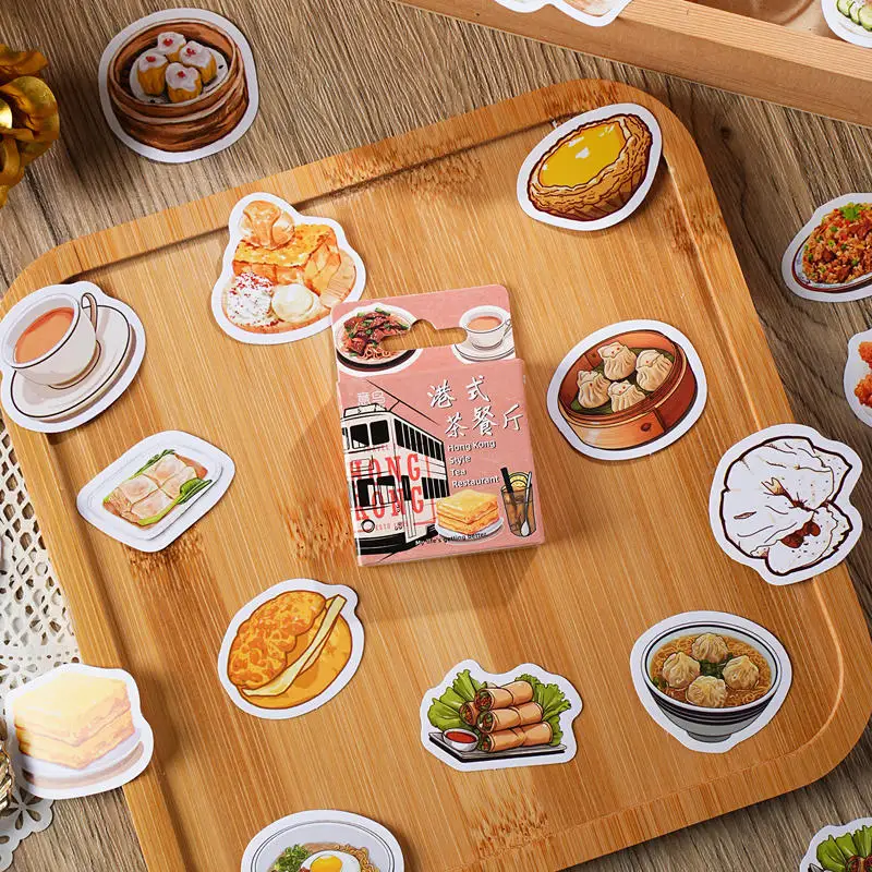 46pcs Creative Retro Hong Kong Style Tea Restaurant with Various Food Collage Student DIY Stationery,Cups,Scrapbooks,Stickers