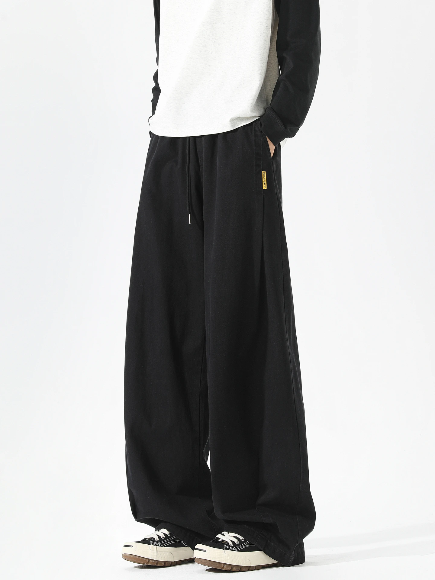 

Trendy Basic Color Dstring Elastic Casual Pants Men Loose Versatile Straight Leg Wide Leg Long Trousers