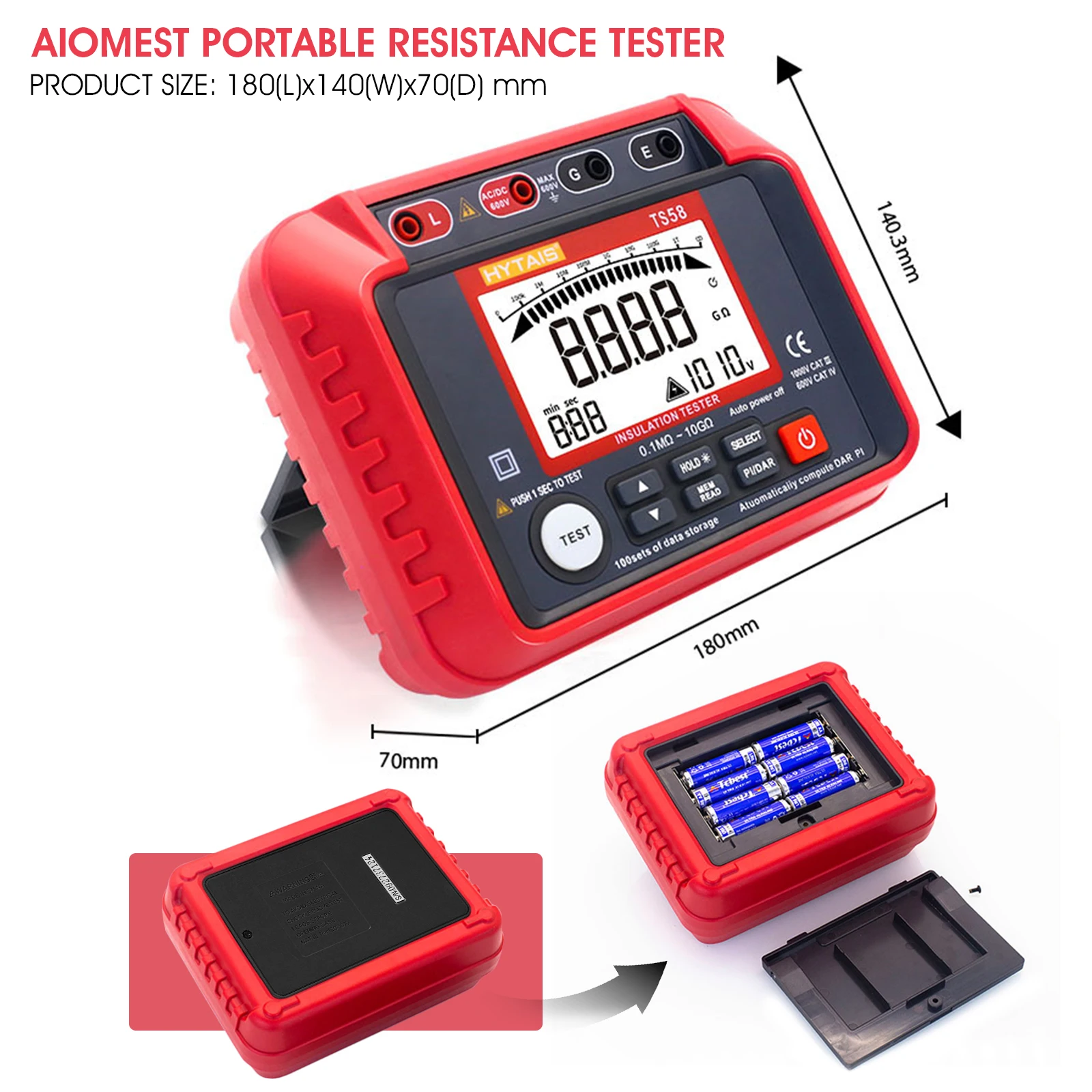 TS58 Digital Insulation Resistance Tester - 600V AC/DC Megohmmeter with Large LCD, 0.1MΩ to 20GΩ Range, Perfect for 250V/500V/