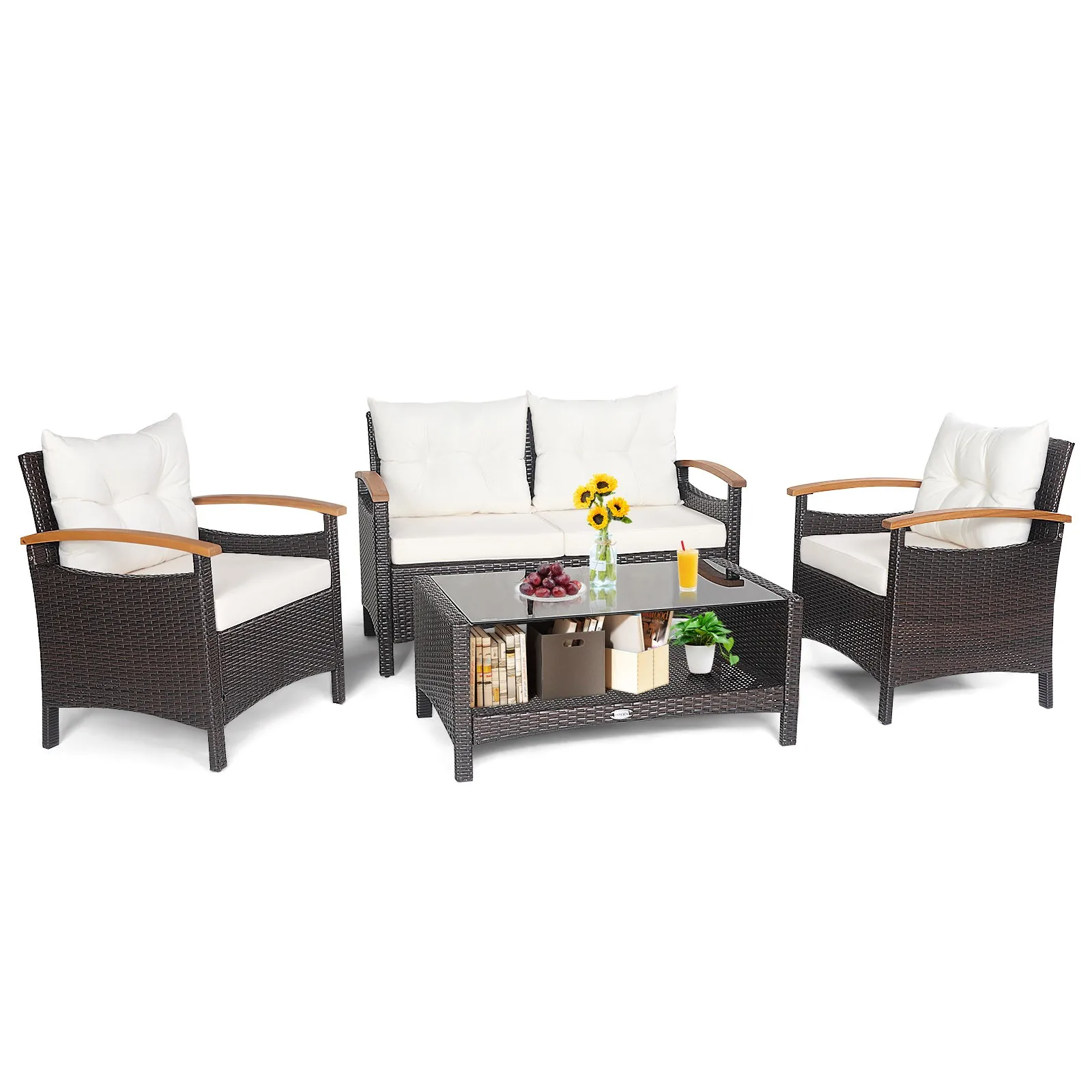 

4PCS Patio Rattan Furniture Set Cushioned Sofa Storage Table Off White