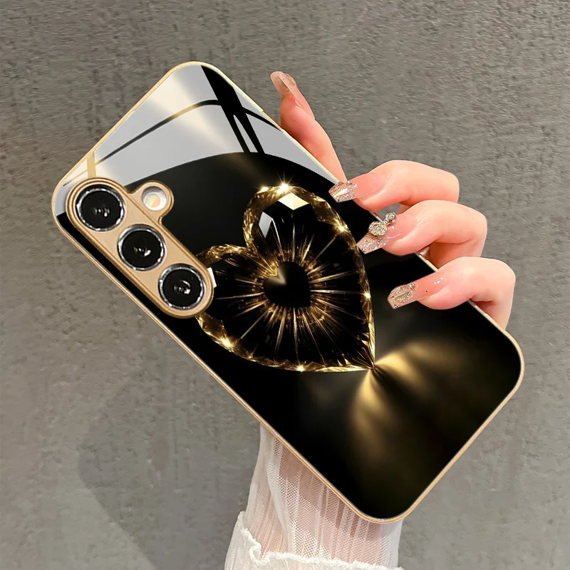 Golden heart-shaped patterned glass phone case suitable for Samsung Galaxy S26 S25 S24 S23 S22 S20 FE/Ultra/Plus anti drop