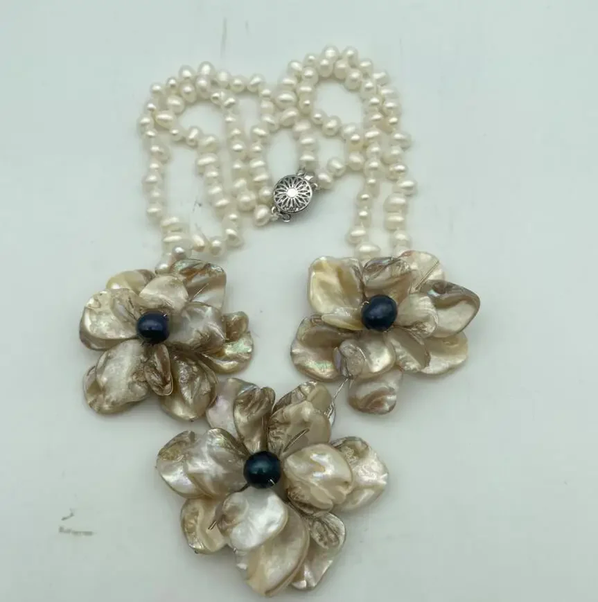 

Ожерелье ручной работы с 3 рядами, 18 дюймов, белая рисовая жемчужная ракушка, вязание цветов