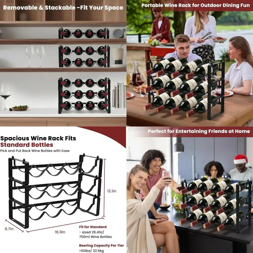 

Штабелируемая трехъярусная металлическая винная полка на 12 бутылок — современное решение для хранения вещей для бара, шкафа или кладовой