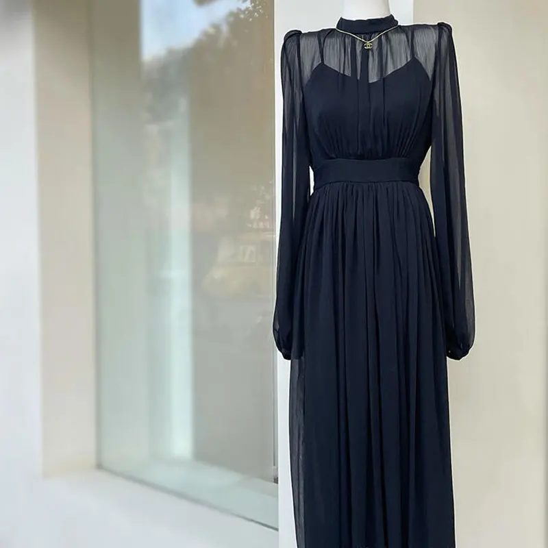 2023 Spring French Elegant  Black Dress Women Fashion Retro Long Sleeve Dresses Temperament Chiffon Office Lady Sundress Vestido