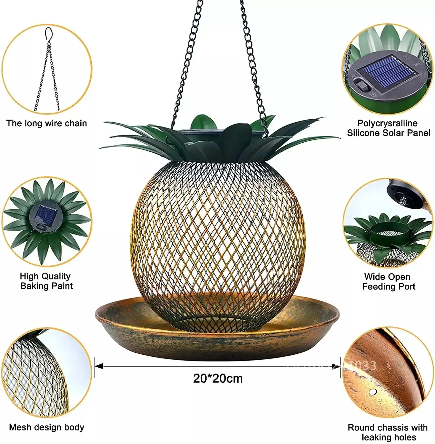 

Vintage Pineapple Top Fill Mesh Solar Bird Feeder Metal for Garden Hanging Outdoors Bird Feeders Wild Yard LED Gift Decor