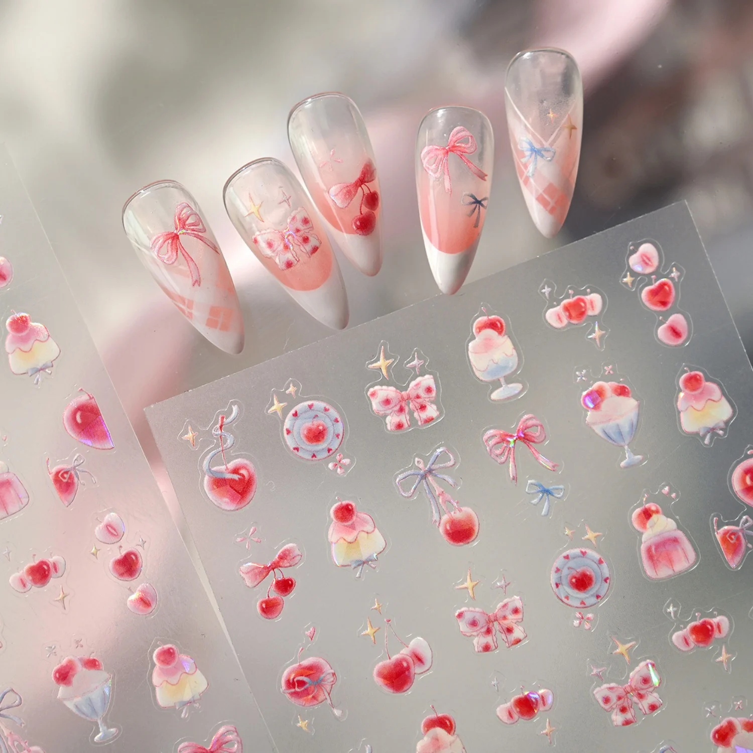 Kirschbogen Cupcake Stern Glitzer Y2K Süße Sakura Sommer 5D Nagelaufkleber Selbstklebende Nagelkunst-Sticker Maniküre-Dekorationen DIY