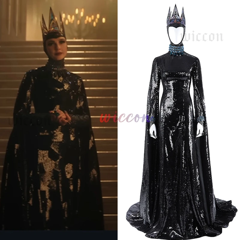 

Movie Snow Cos Whites Evil Queen Cosplay Stepmother Costume Women Black Long Dress Crown Necklace Outfits Halloween Suit