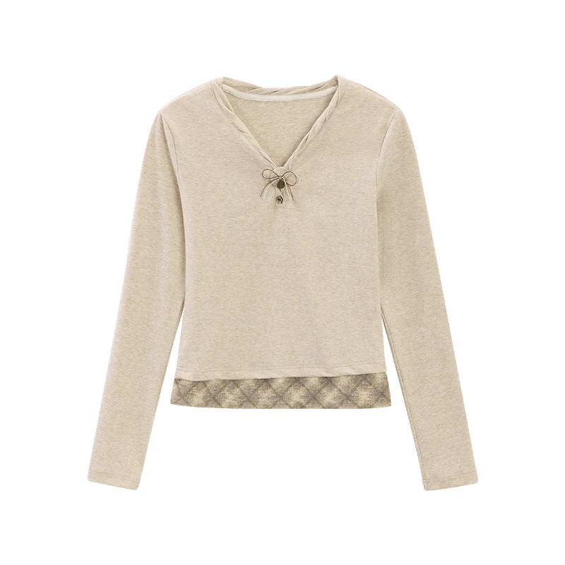 ALXNAN T-shirt a maniche lunghe con farina d'avena Donna Autunno Chic Bottone con scollo a V Cuciture scozzesi Slim-fit Tees 2025 Casual Top Donna L57502