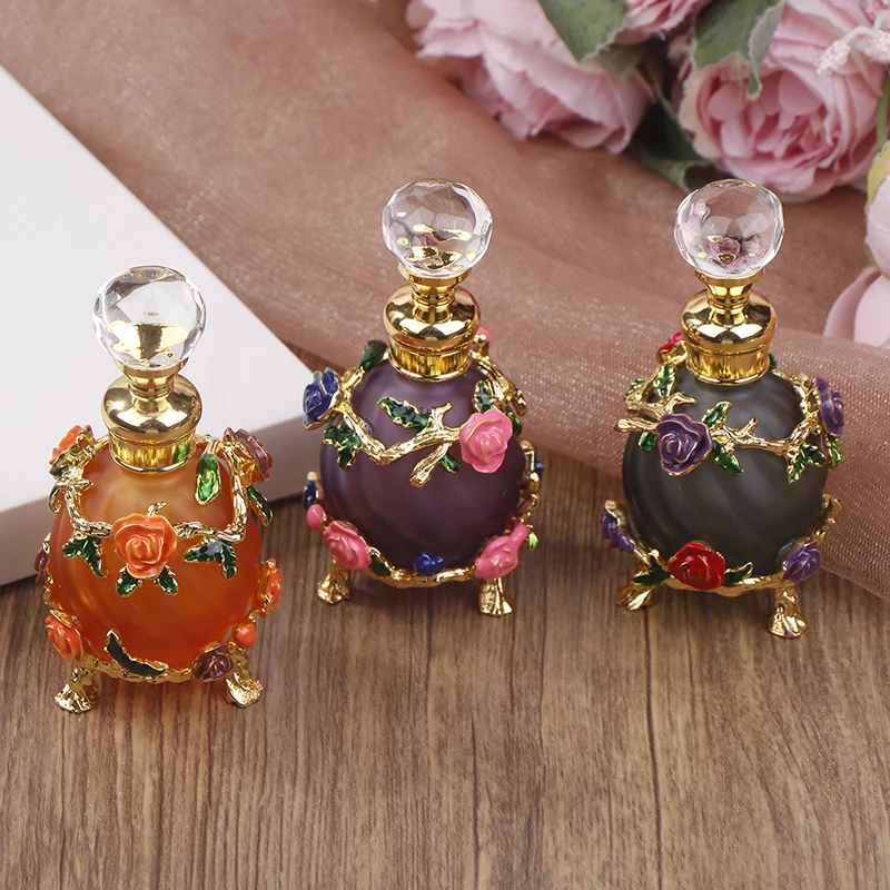 1Pc Dubai 15ML Beauty Salon Flowers Glass Perfume Empty Bottle Vacuum Bottle Essential Oil Olive Oil Reusable Storage Bottle