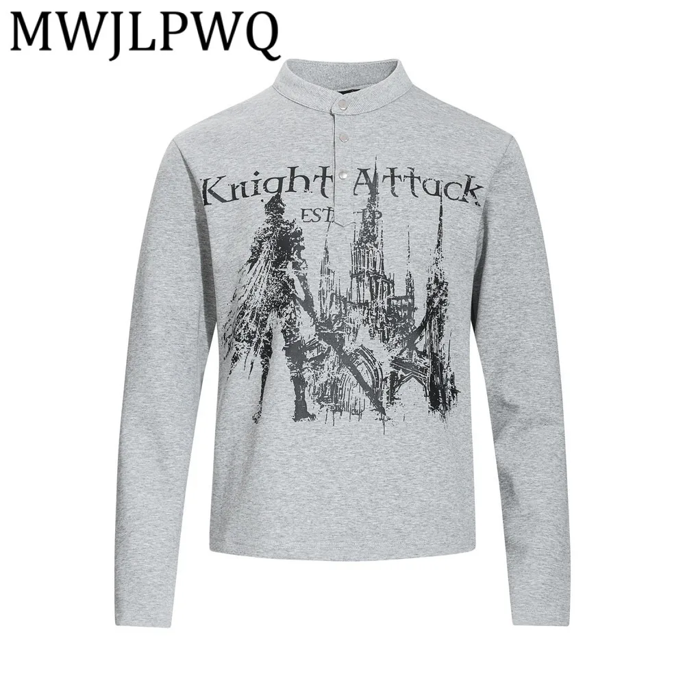 

MWJLPWQ Print Long Sleeve T-Shirt For Men Autumn Casual American Style Trendy Button Small Stand Collar Pullover Tops Tide 12688