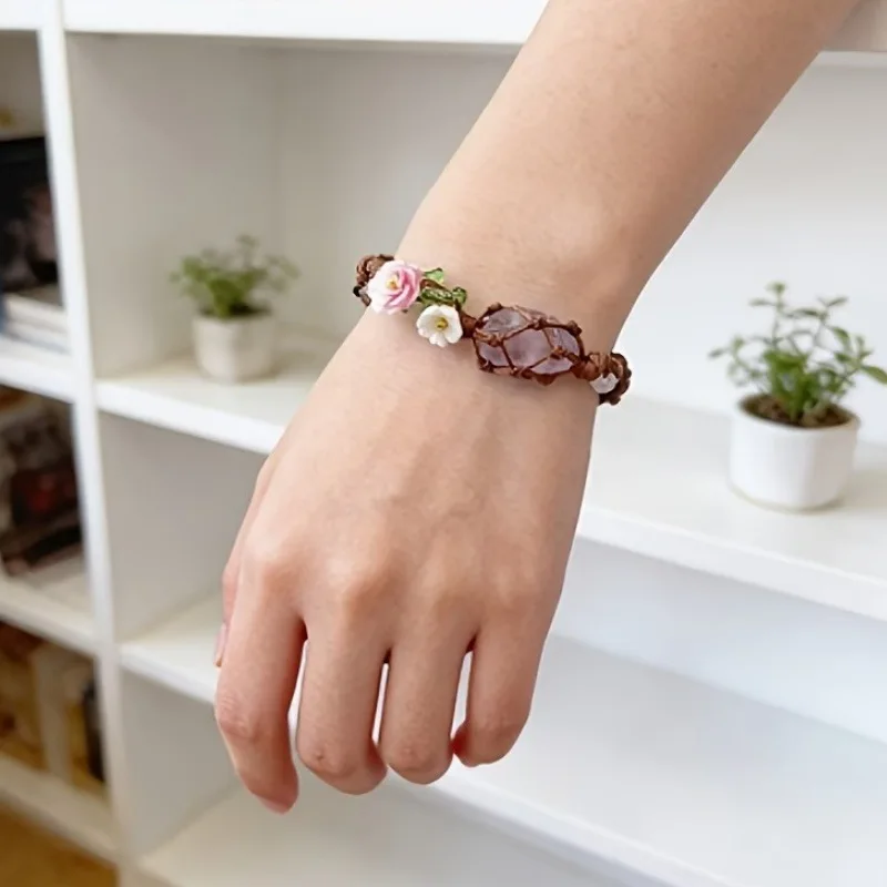 Chinese Style Macrame Adjustable Bracelet Purple Raw Glass Stone Flower Charm Lucky Fortune Blessing Boho Jewelry For Women Gift