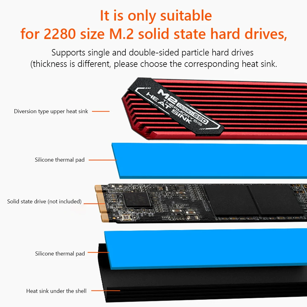 M.2 ssd nvme dissipador de calor m2 2280 ssd disco rígido dissipador de calor de alumínio com almofada térmica de silicone para desktop pc/ps5 pcie ssd