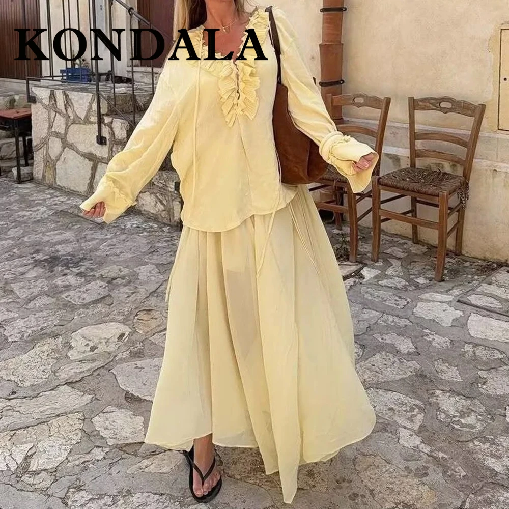 KONDALA ヴィンテージイエローエレガントな女性スーツ V ネックレースアップルーズシャツ + プレーテッドロングスカートカジュアル女性春 2025 ホリデーセット