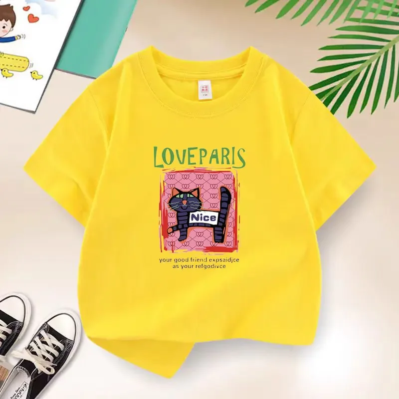 Childrens Red Graphic Tee Striped Cat With Nice Tag And Love Paris Text Print Short Sleeve Lightweight Casual Summer Clothes