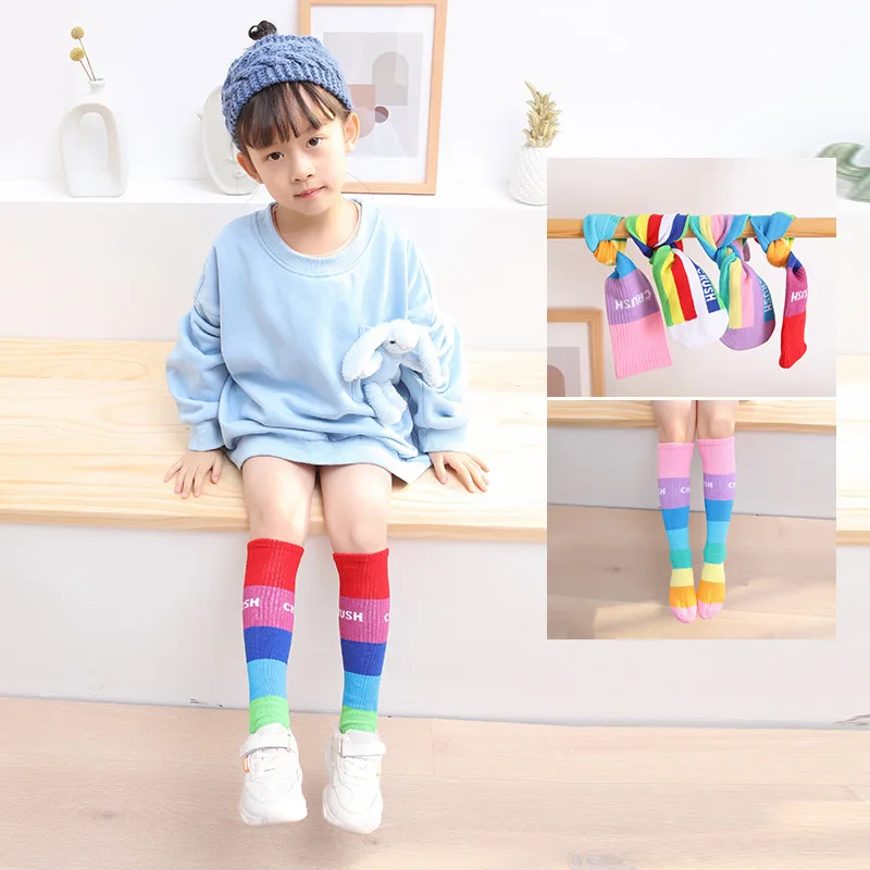 Spring and Summer Thin Children\'s Fashion Rainbow Striped Alphabet Hipster Comfortable Stockings for Boys and Girls