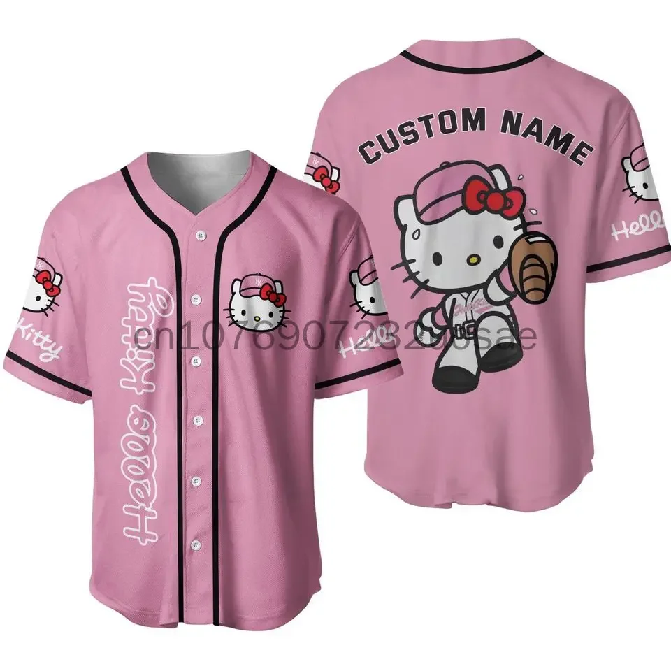 Camiseta de béisbol con estampado de dibujos animados de Hello Kitty para hombre, mujer y niño, camisetas informales para deportes al aire libre,