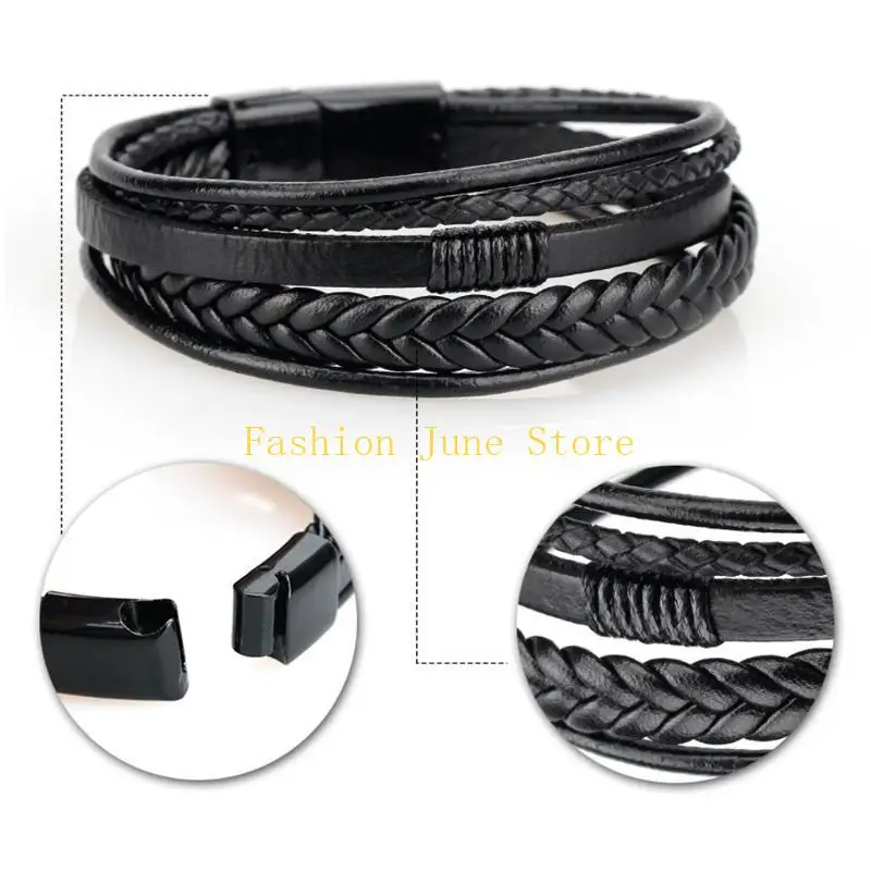 N5KA Mens Leather Bracelet with Clasp Cowhides Multi-Layer Braided Leather