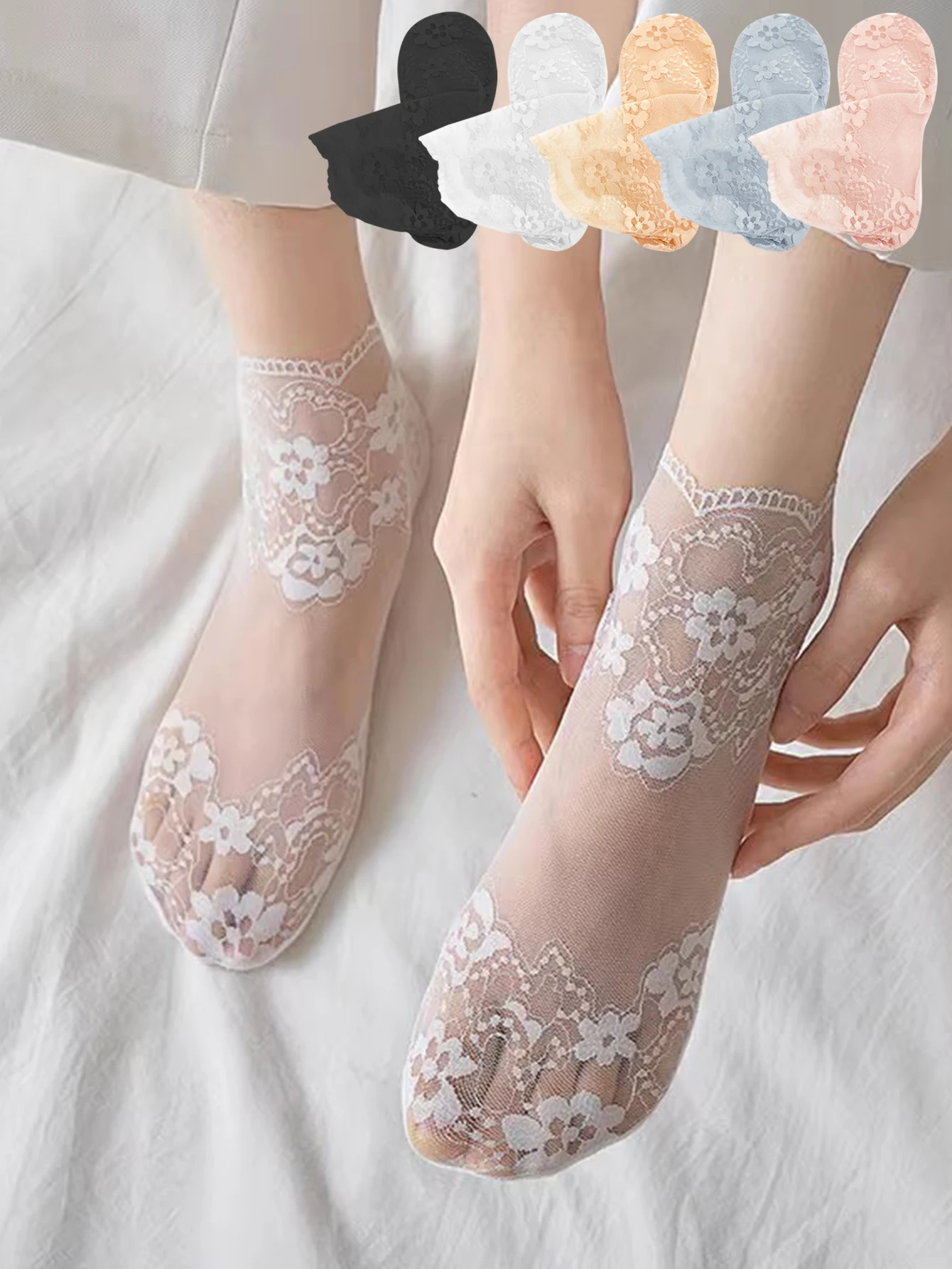

Lolita Women Invisible 5 Pairs Lace Socks Thin Ladies Lace Boat Socks Hollow Non-slip Shallow Transparent Socks Women