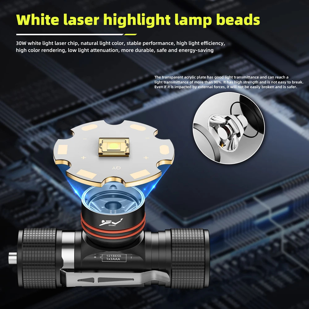 22650 Dive Headlight 5000LM IPX8 Waterproof White Laser LED High Power Head Flashlight 100M Underwater 18650 Scuba Head Light