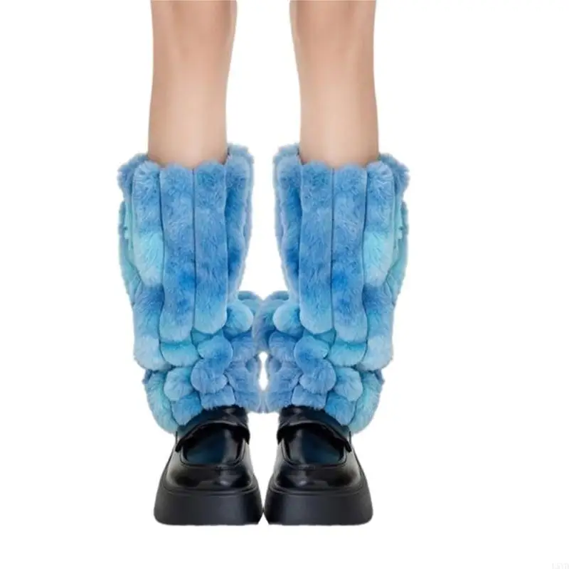

L5YD Furry Knitted Leg Warmers for Women Winter Tie Dye Plush Boot Toppers Covers
