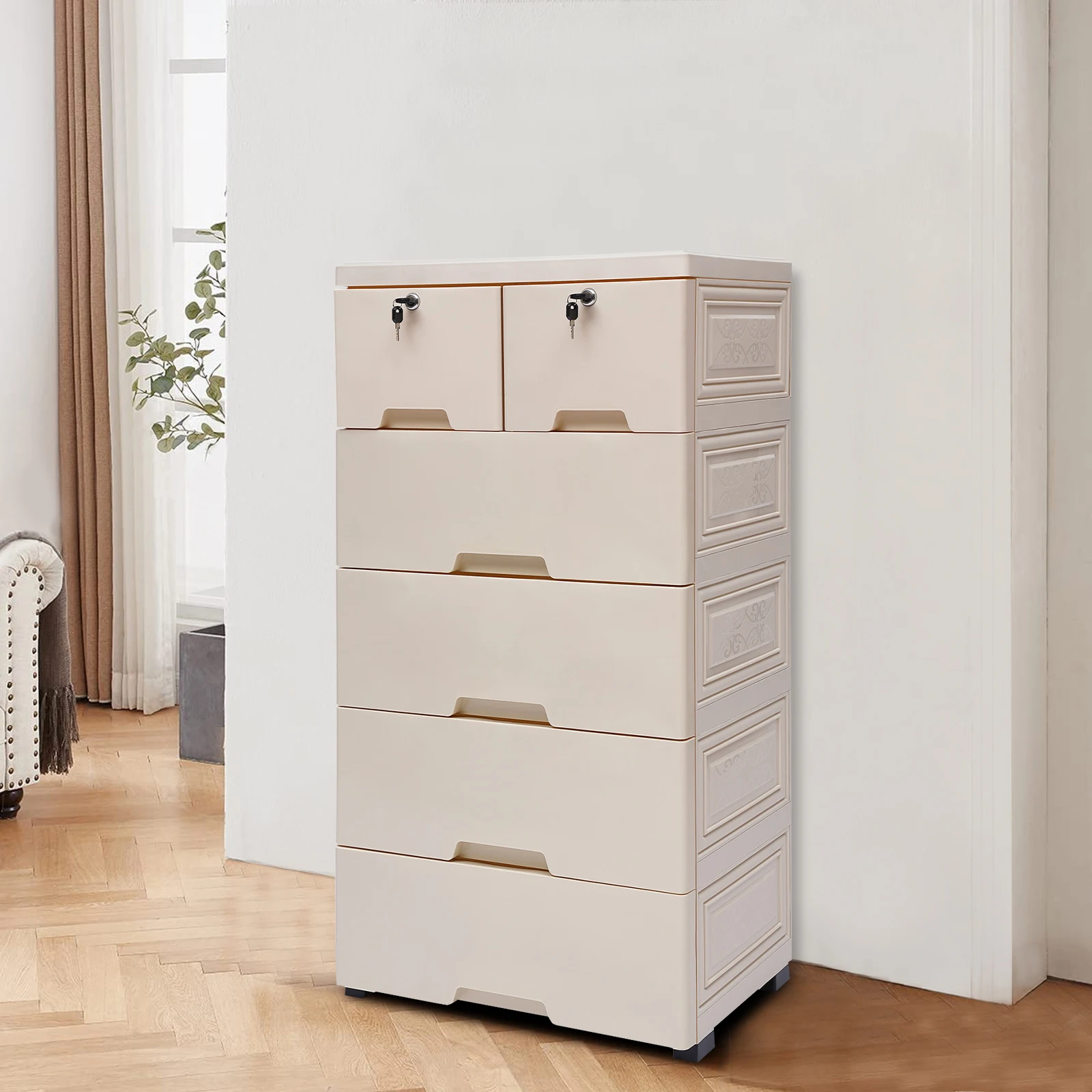 

5-Drawer Storage Cabinet, Plastic Dresser with Lock, Home Organization for Bedroom Living Room Office, PP Organizer, 50x35x102cm