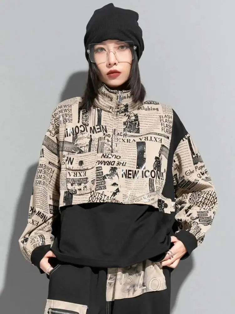 

Printed Loose Fit Spliced Sweatshirt New Stand Collar Long Sleeve Women Big Size Fashion Spring Autumn 2026 J9F1