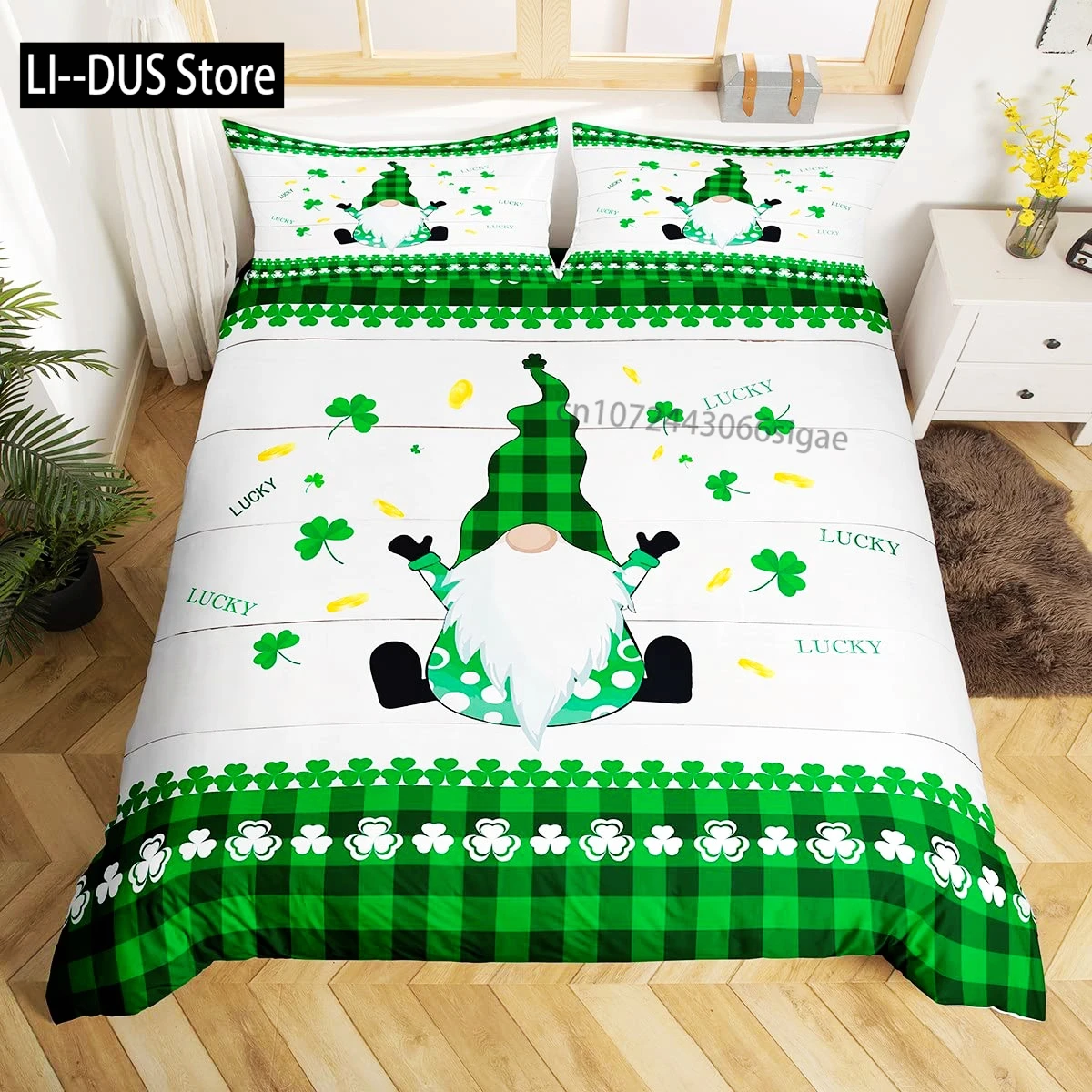 

St. Patrick's Day Duvet Cover Sets, Lucky Shamrocks Pattern Irish Clover Prints Bedding Set with 1 Duvet Covers 2 Pillowcases