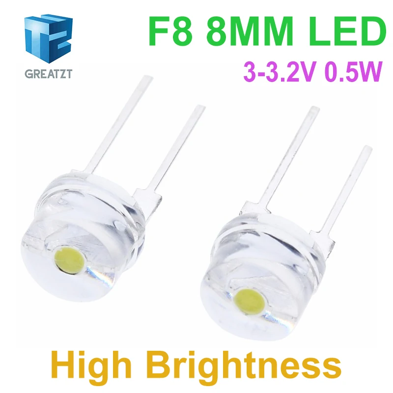 GREATZT 100PCS NEW F8 8mm 0.5W 3.0-3.2V Straw hat LED White Super bright LED lamp Wide Angle Transparent LED Lamp Strawhat LED