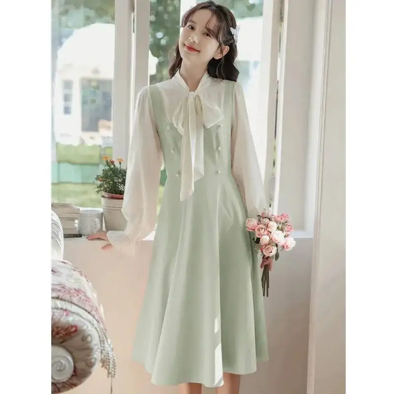 

Новое весеннее женское милое лоскутное платье с длинными рукавами и бантом, тонкое нишевое элегантное женское платье средней длины