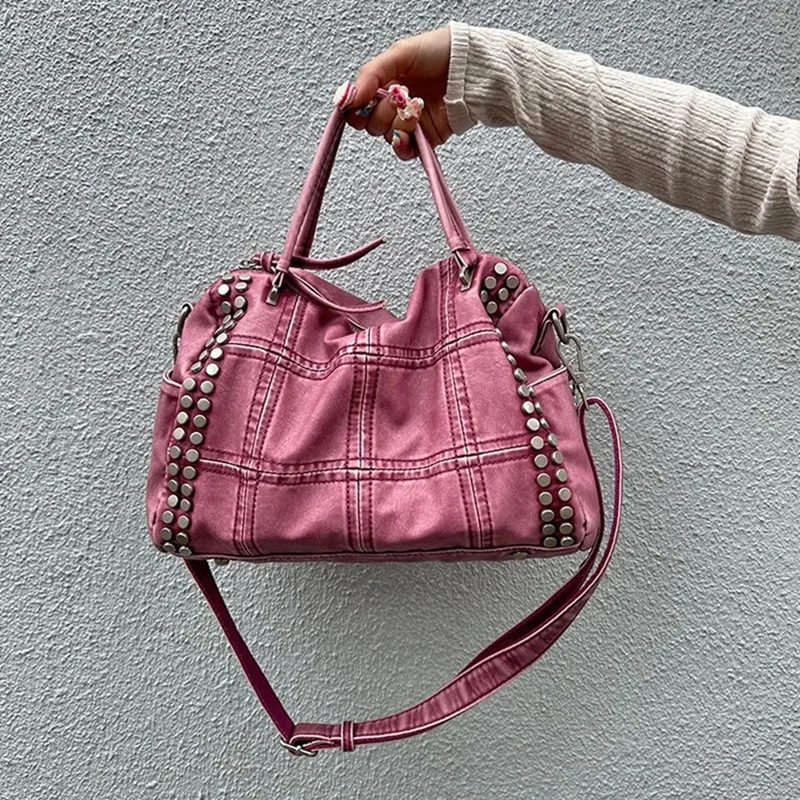 Women Washed Pink Handbag Rivet Decor Large Detachable Adjustable Strap Casual Crossbody Shoulder Satchel Bag For Daily Travel