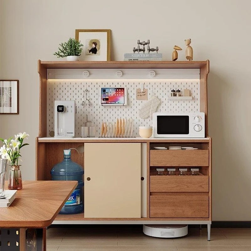 Solid wood sideboard, living room wall-side cabinet, integrated low storage storage, color-block vintage style