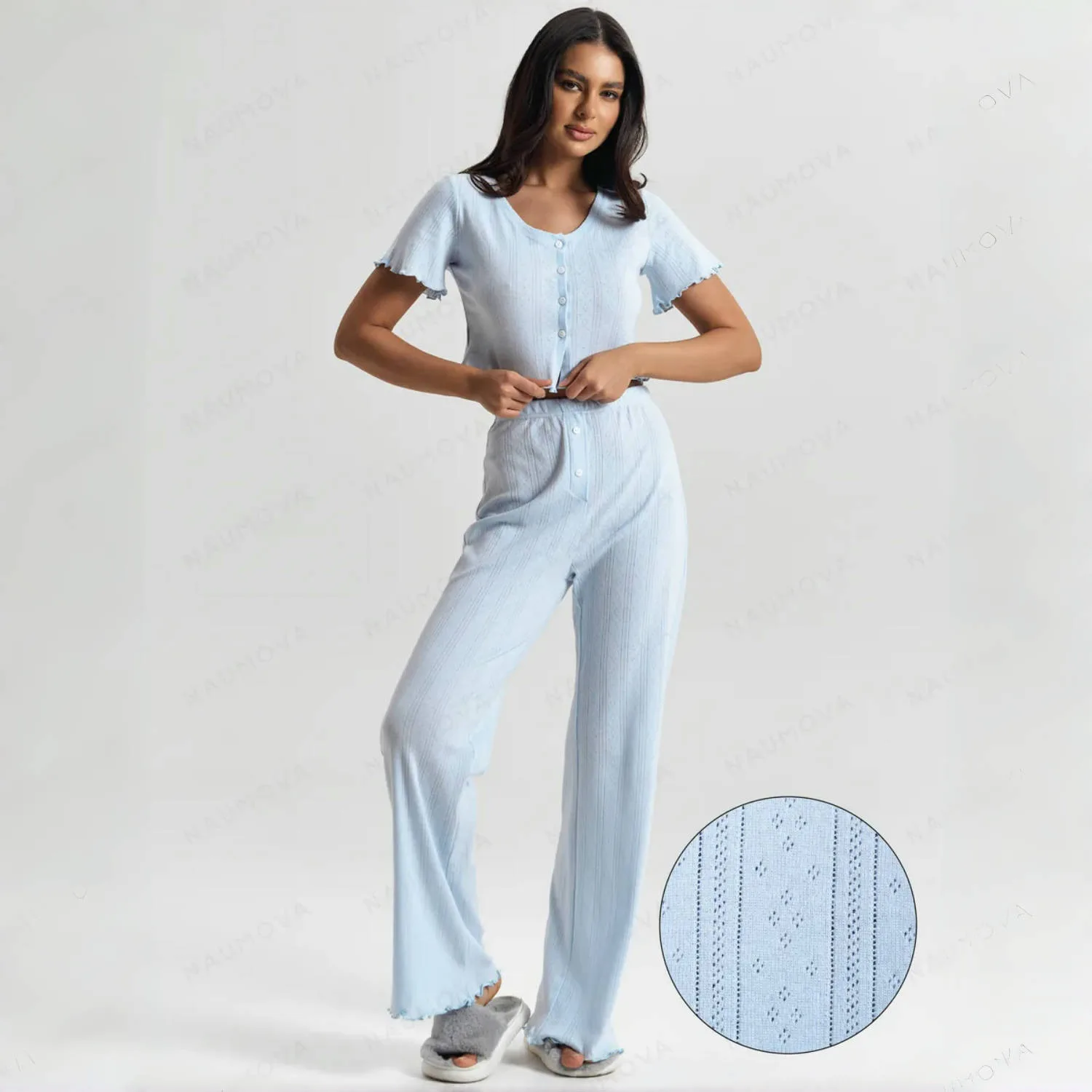 Women Pajamas Set Spring/Summer Pajamas Women's Small Floral Curled Skinny Short Sleeve Pants Loungewear Two-piece Set