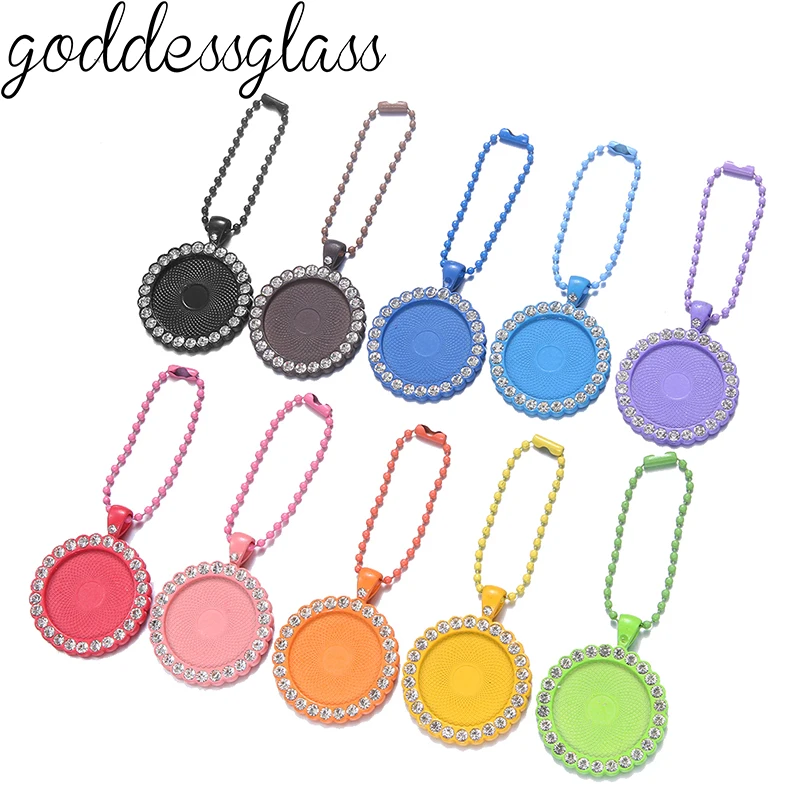 10pcs Colorful Ball Bead Chains Keychain With Pendant Crystal Rim Bezel Blank Fit 25mm Cameo Glass Cabochon Base Setting