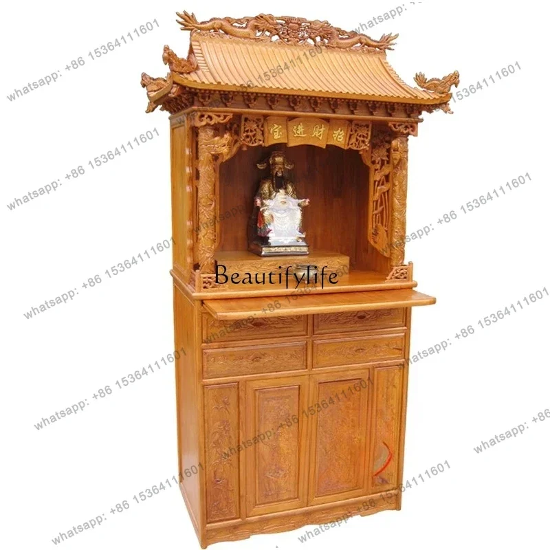 PJ  Dragon Pillar Roof Buddhist Shrine Vertical Cabinet, Camphor Wood Household Shrine