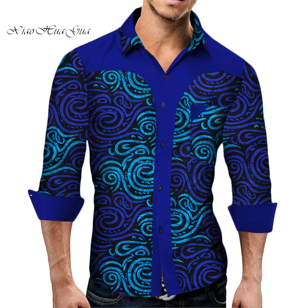 Plus Size African Print Shirt for Men Long Sleeve Dashiki Tops African Clothes Patchwork Casual Style Men Shirt WYN349