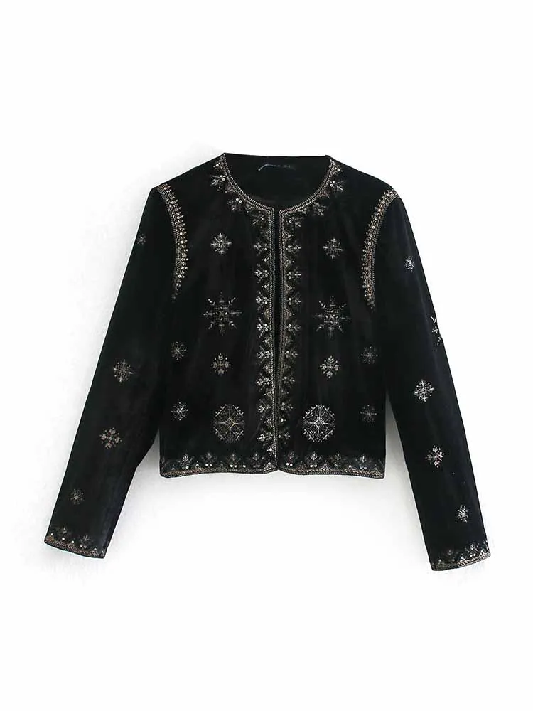 

HH Woman Spring Fashion Retro Long Sleeves Palace Style Embroidery Velvet Fabric Short Coat Female Casual Comfortable Jacket