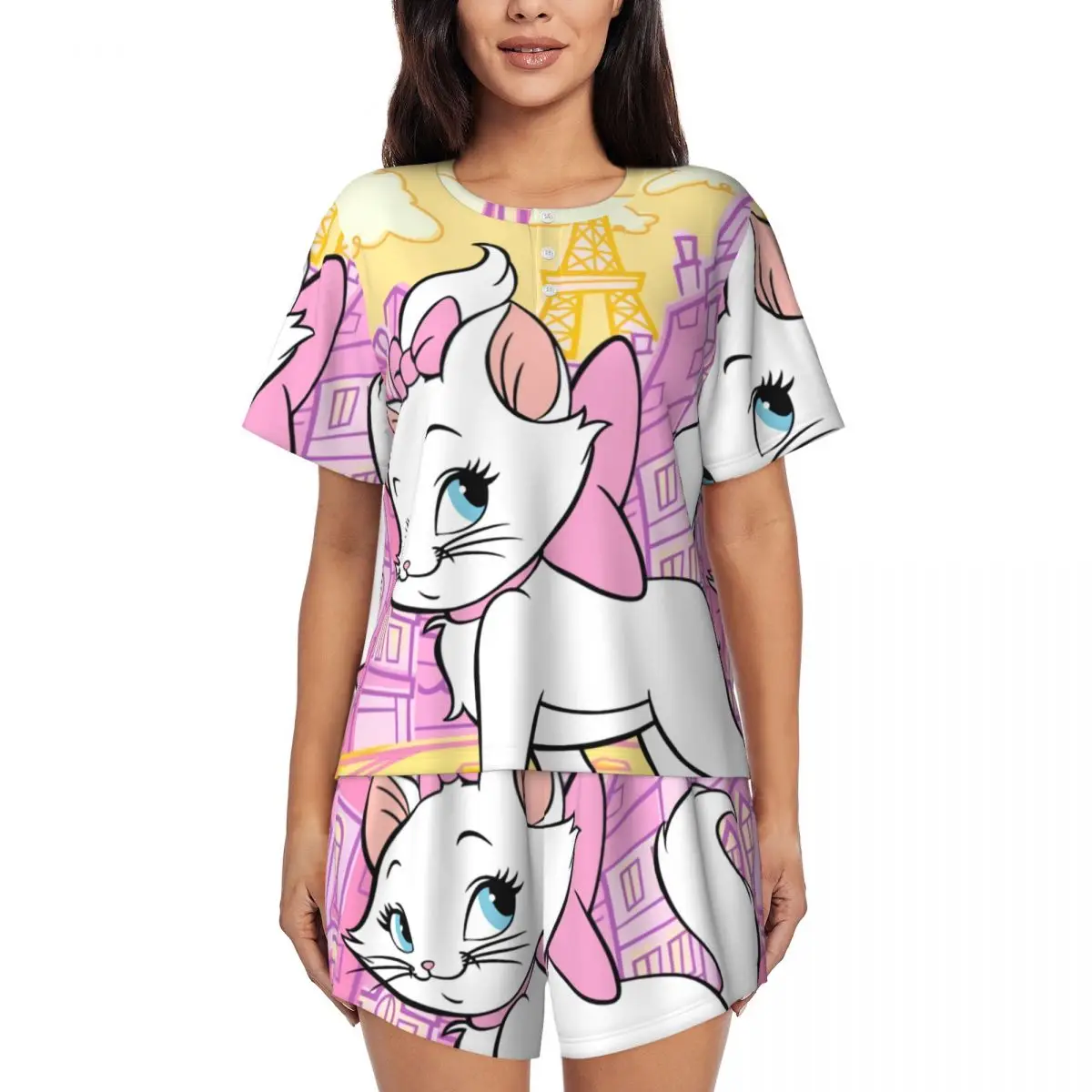 Womens Aristocats Animation Marie Cat Pajamas Set Custom Print Short Sleeve Sleepwear Loungewear Pjs 2 Piece Sets