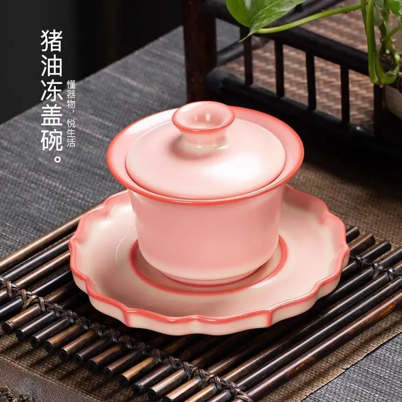 

Chinese Porcelain Ru Kiln Red Powder Beauty Horseshoe Covered Bowl Ladies' Tea Cup Pink Tea Set Tea Ceremony Gaiwan Celadon Gift